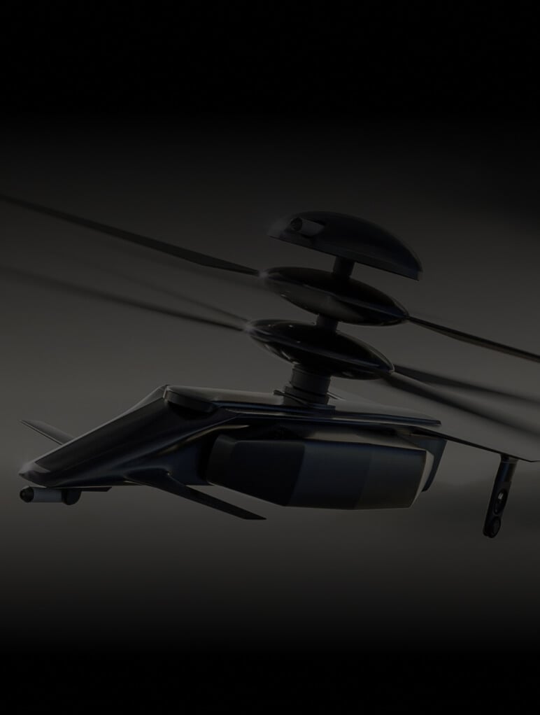 A dark, futuristic helicopter with sleek design and a prominent rotor is displayed against a black background. The aircraft's body is streamlined, emphasizing its modern technology and innovative aerodynamics.