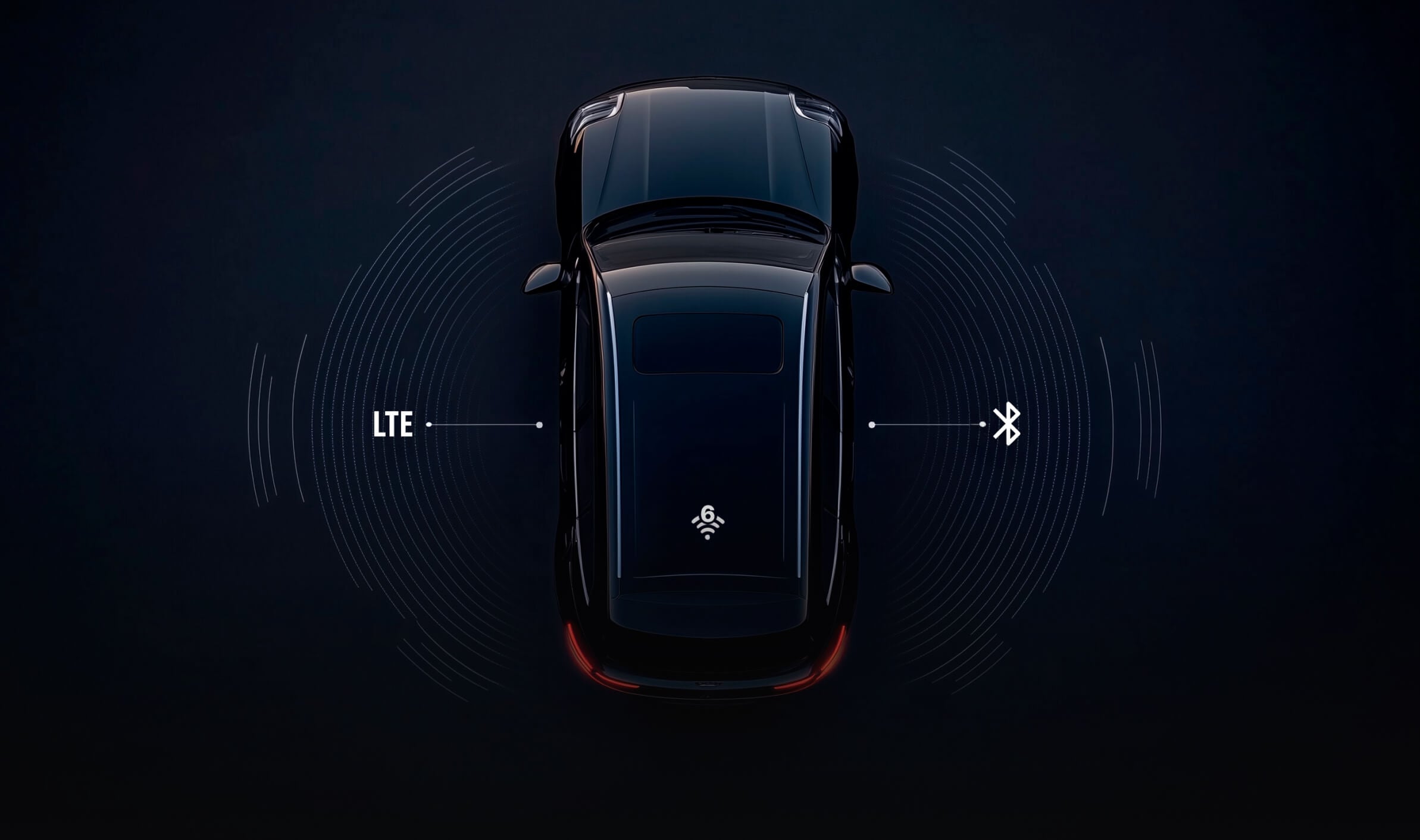 Aerial view of a black car with graphical representations of LTE and Bluetooth signals emanating from it, indicating connectivity features. The background is dark, highlighting the car's sleek design and advanced technology icons.