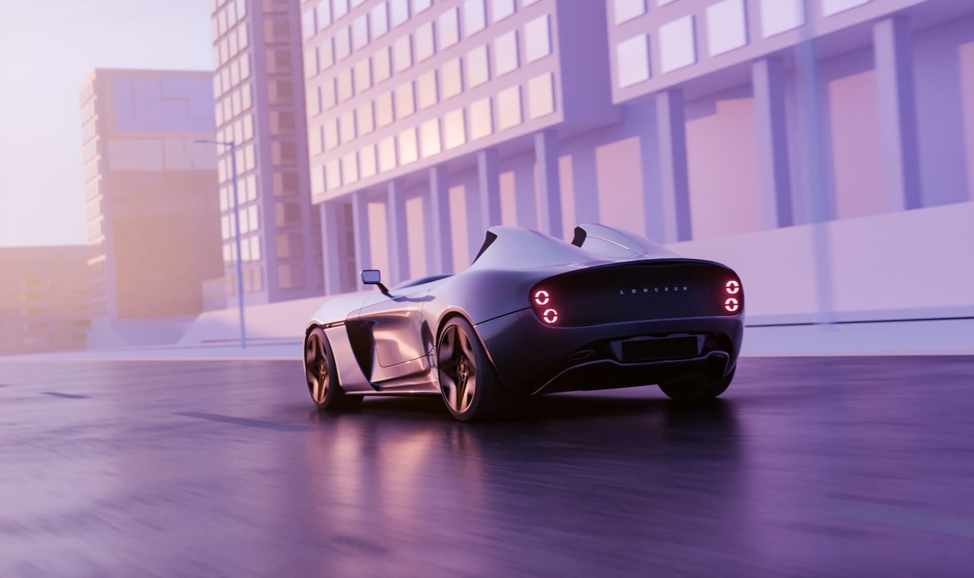 A sleek, futuristic sports car with glowing taillights drives through a modern cityscape with tall, glass buildings. The scene has a soft purple and pink hue, suggesting sunrise or sunset.