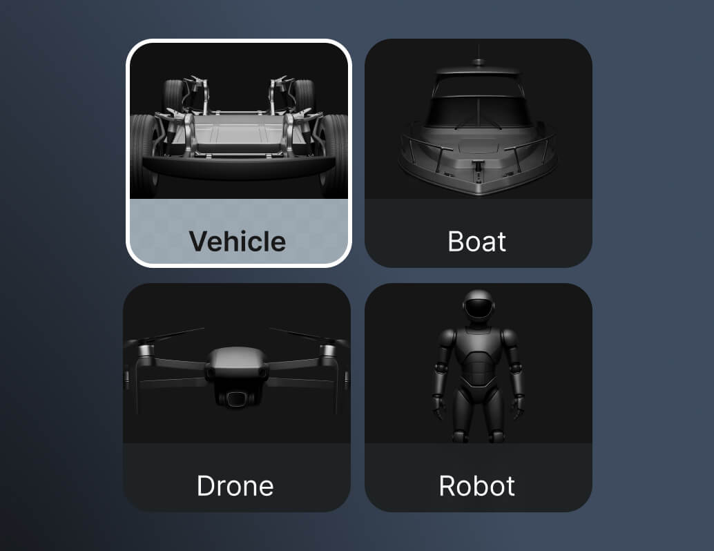 A grid of four icons labeled Vehicle, Boat, Drone, and Robot. Each icon shows a grayscale image of the respective item, with “Vehicle” highlighted by a light border and background.