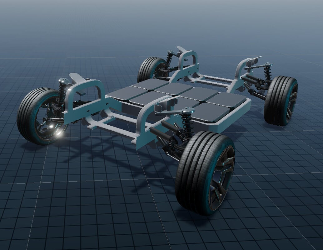 A 3D model of an electric vehicle chassis featuring four wheels, a visible suspension system, and multiple rectangular battery cells arranged in the center of the frame on a grid background.