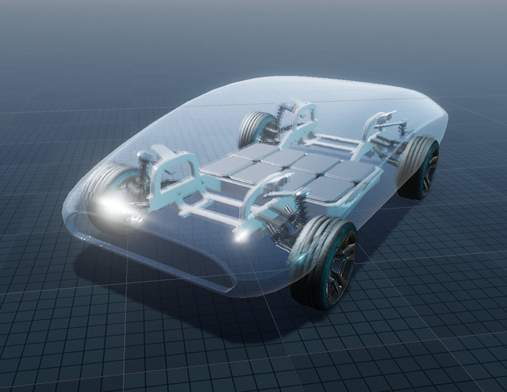 A digital rendering of an electric vehicle chassis with four wheels, visible suspension, and battery cells, all enclosed in a transparent, car-shaped shell against a grid background.