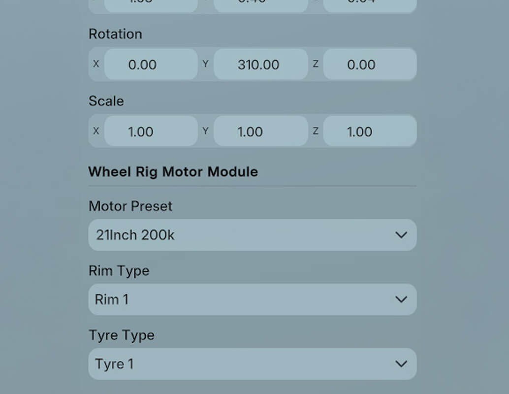 A computer interface displays settings for rotation, scale, and a wheel rig motor module with options for motor preset, rim type, and tyre type. Current values include "21Inch 200k" motor, "Rim 1," and "Tyre 1.