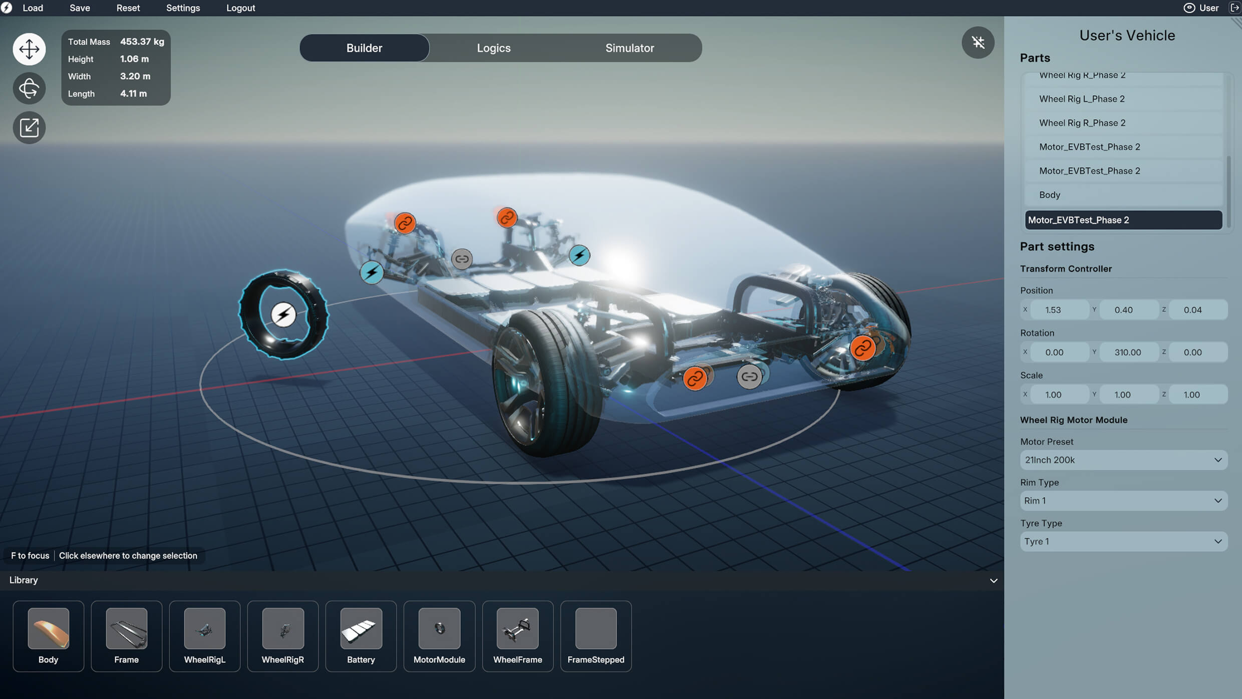 A 3D vehicle design interface shows a transparent car chassis with labeled parts, stats on the left, and customizable settings on the right. The bottom panel displays various components like tires, wheels, and batteries.