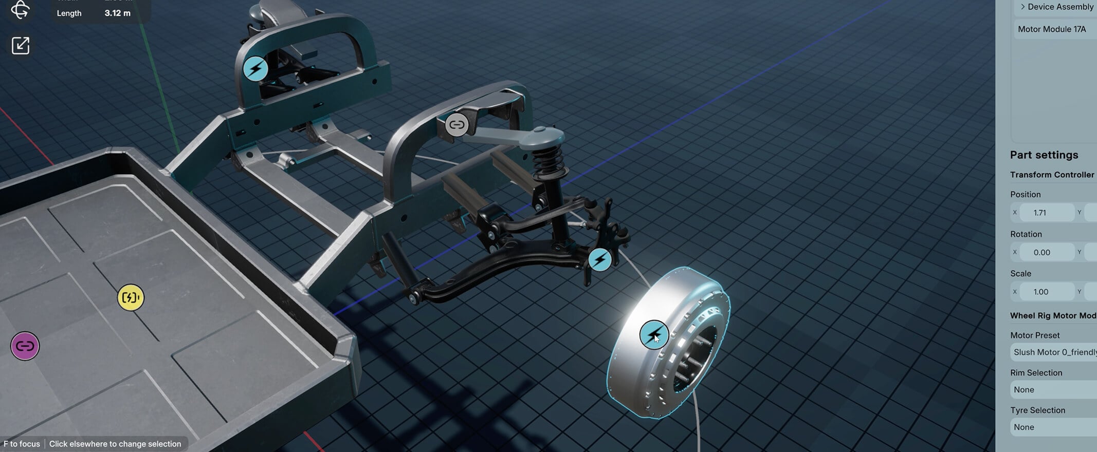 A 3D digital model of a vehicle chassis is shown, focusing on the suspension and wheel assembly. Interface elements display part settings and selection options on the right, with measurement tools at the top.