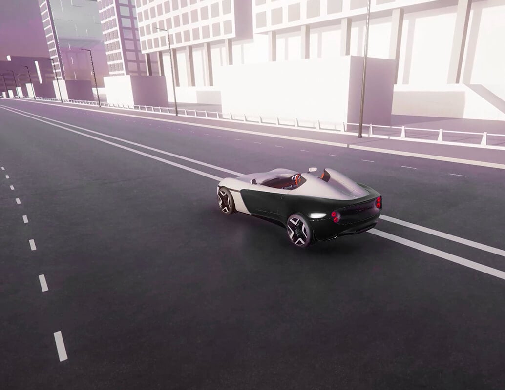 A sleek, black and white convertible sports car drives on an empty, multi-lane road in a modern city with tall, geometric buildings and bright lighting.