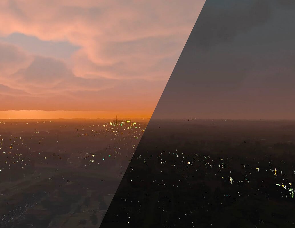 A city skyline at sunset on the left side, with warm orange clouds, contrasted with the same city at night on the right side, darker with scattered lights and a cloudy sky.