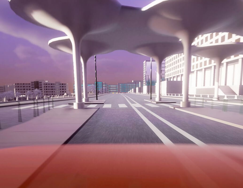 A city street with futuristic, large mushroom-shaped canopies, modern buildings, and an empty road under a purple sky, seen from a car's perspective.