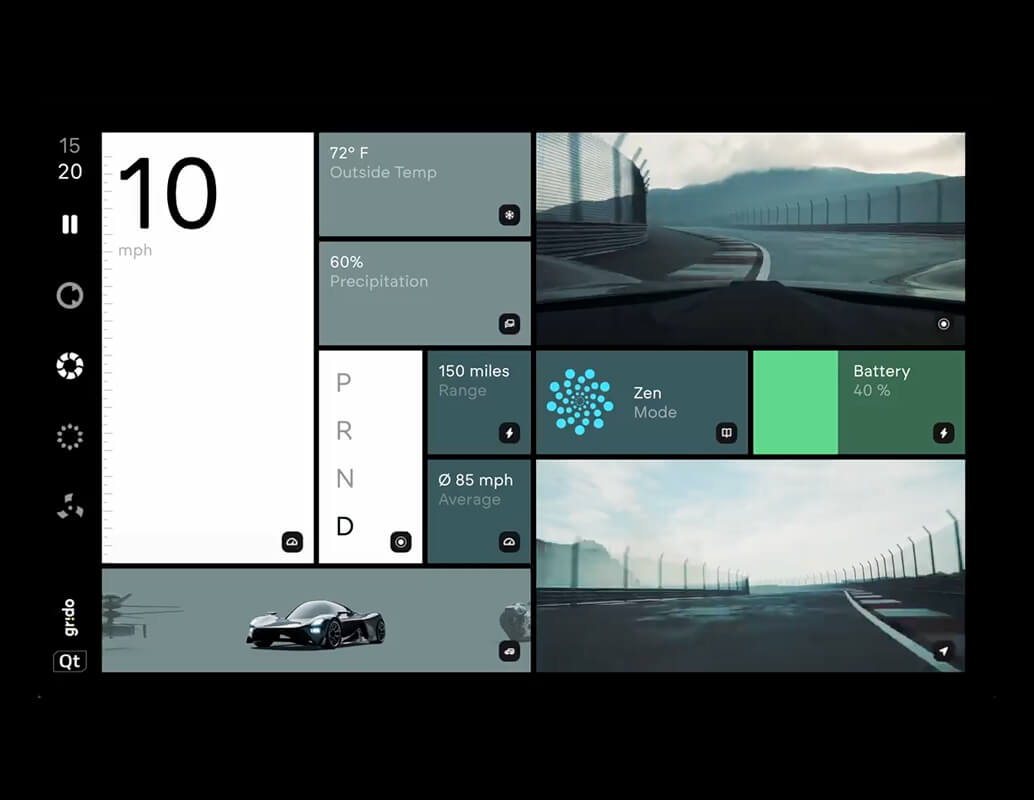 A futuristic car dashboard display showing speed, outside temperature, precipitation, gear, battery level, driving mode, range, average speed, and camera views of a racetrack.