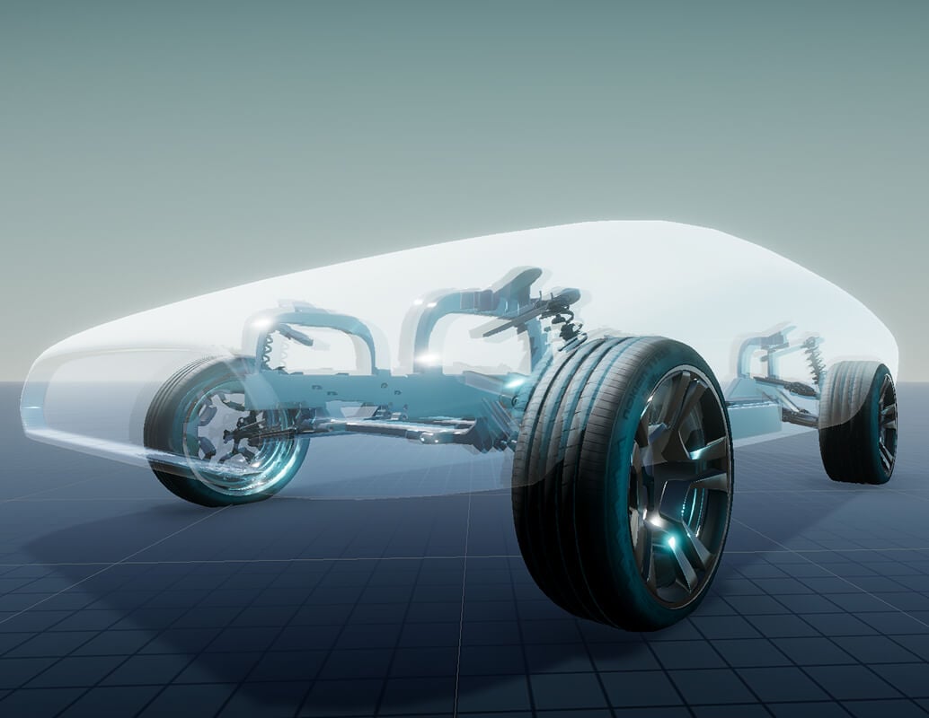 A digital rendering of a transparent car model, revealing the vehicle's suspension, wheels, and internal framework beneath a futuristic, streamlined outer shell.