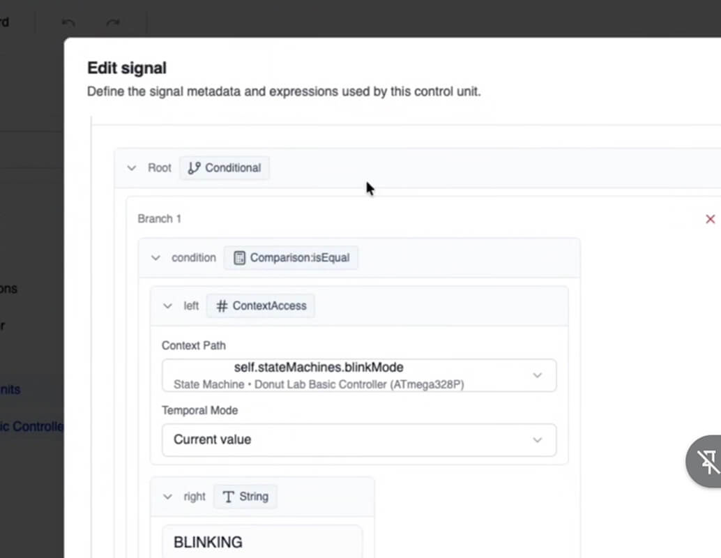 A software interface displays an “Edit signal” window with conditional logic settings, showing a branch where the condition compares if “BlinkMode” state equals the string “BLINKING.”.