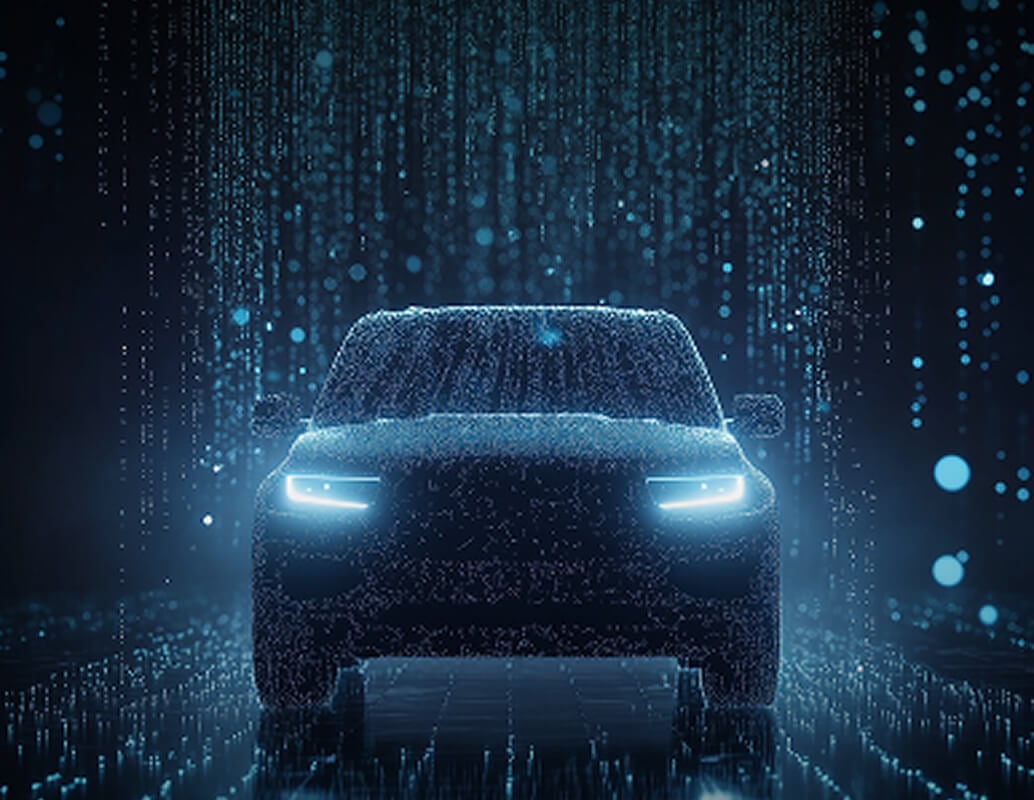 A futuristic car with glowing headlights is shown from the front, surrounded by digital blue light particles and vertical lines, creating a high-tech, digital atmosphere.
