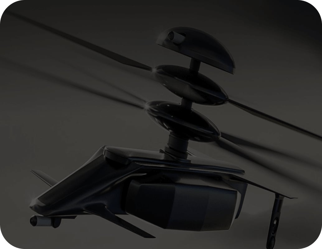 A sleek, black, futuristic drone with a multi-layered rotor design is shown in close-up against a dark background. The drone features smooth, aerodynamic surfaces and has two wide rotor blades.