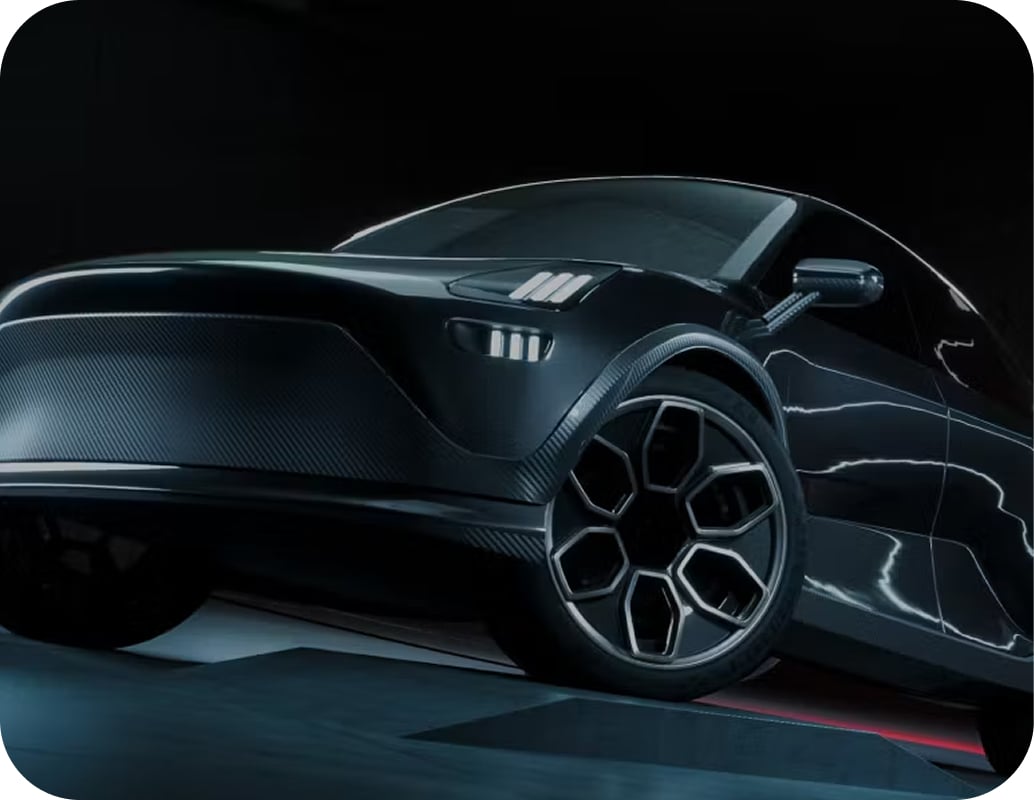 A sleek, futuristic black car with angular lines and large geometric wheels is shown in a dimly lit, modern setting, reflecting light along its glossy surface.